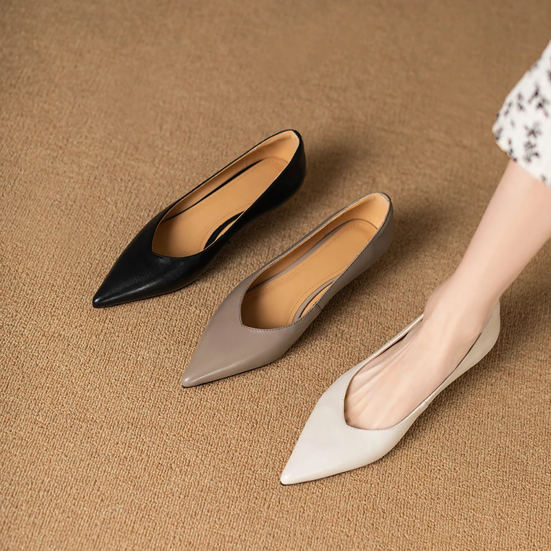 3cm牛皮尖头小跟浅口单鞋女舒适吸汗不累脚高跟鞋春季猫跟鞋