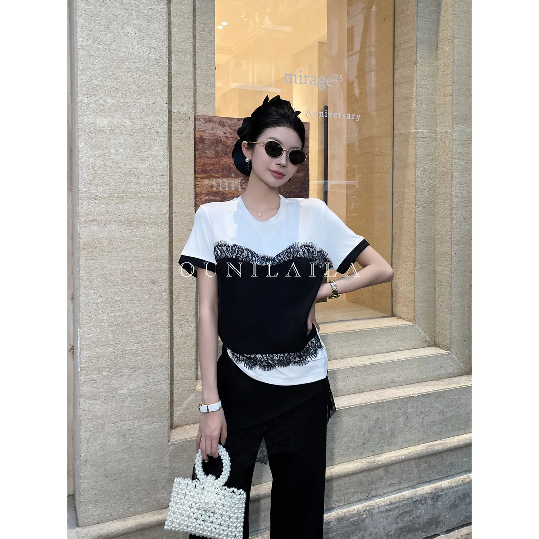 YouYou【西贝】蕾丝抹胸拼接气质短袖 / 设计师夏季撞色T恤DX8028N