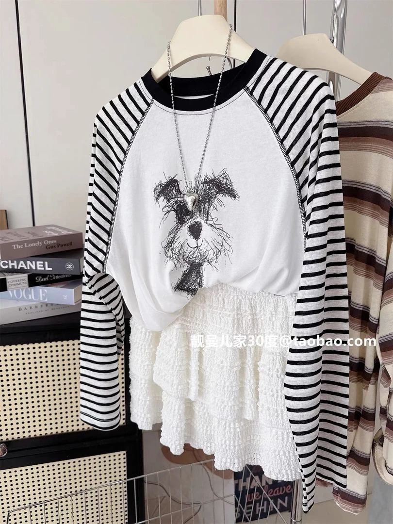 大码300斤小狗印花韩版休闲插肩袖t恤男女拼色条纹早秋圆领长袖衫