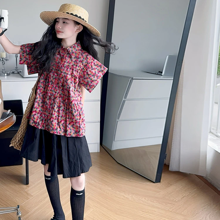 女童夏季韩版休闲碎花短袖衬衫短裙套装中大童初中生洋气儿童夏装