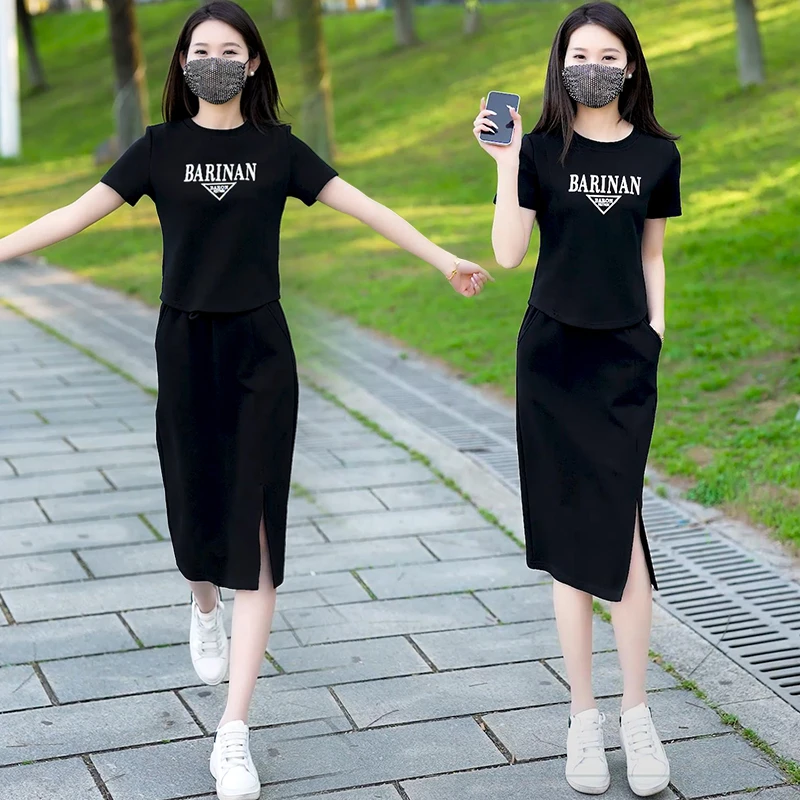 高含棉休闲套装裙女2025年夏季款时尚洋气百搭印花圆领短袖两件套
