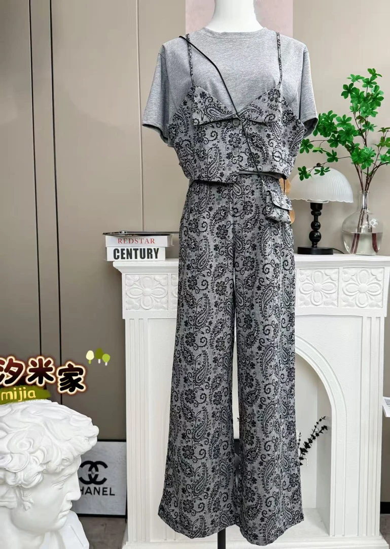 夏季时尚洋气印花吊带短袖阔腿裤套装