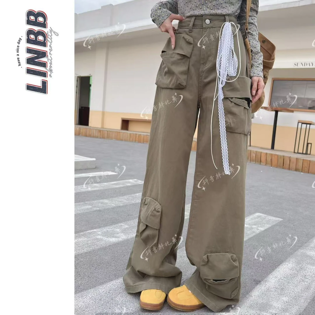 林北鼻-【露营裤】 韩单东大门牛仔棉高腰丝滑工装休闲裤
