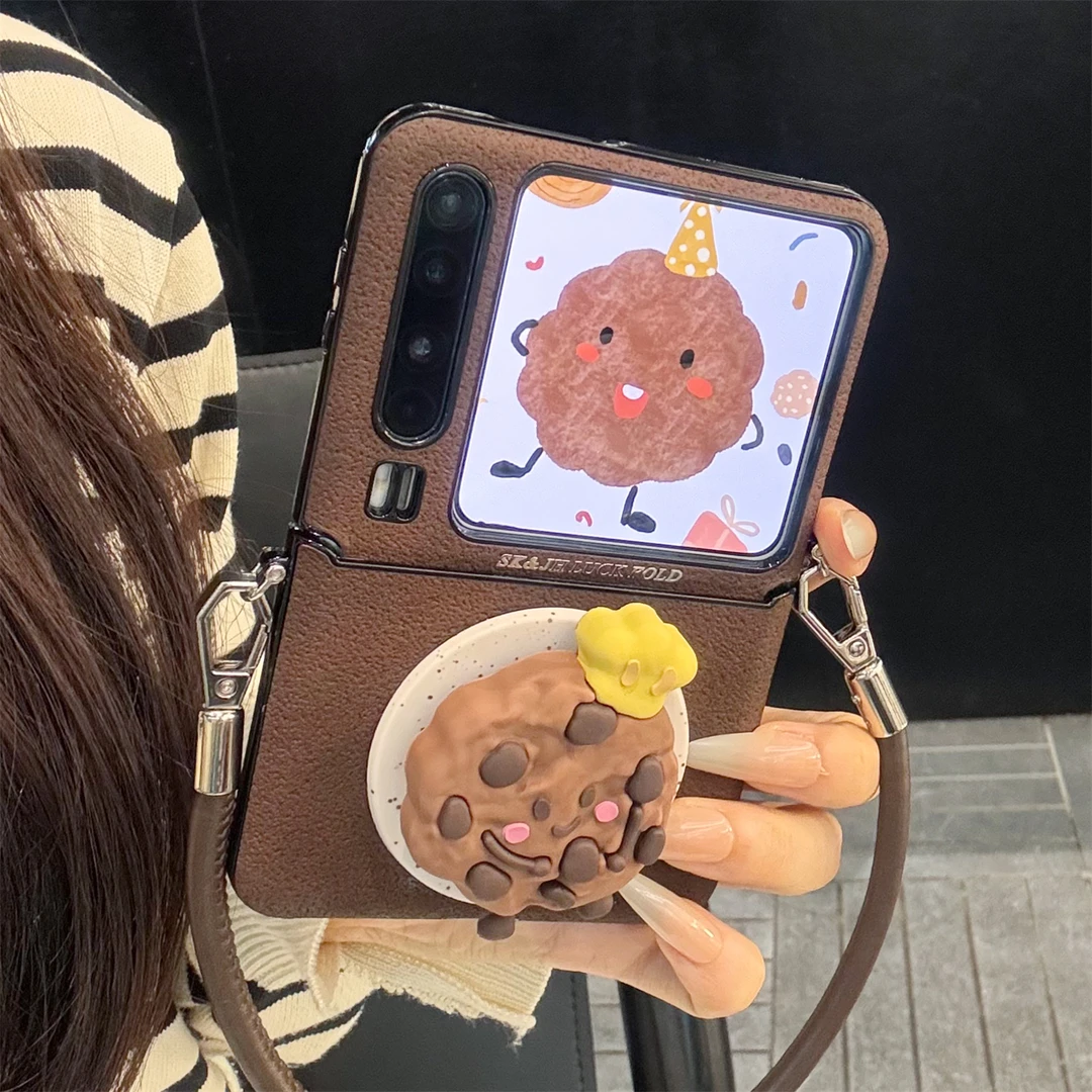 适用华为purax折叠屏手机壳棕色皮纹pocket2立体曲奇饼干磁吸支架
