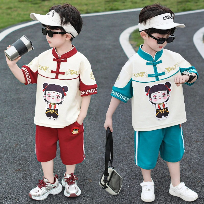 男童夏季唐装哪吒短袖套装2025新款洋气男孩薄款中小童帅气两件套