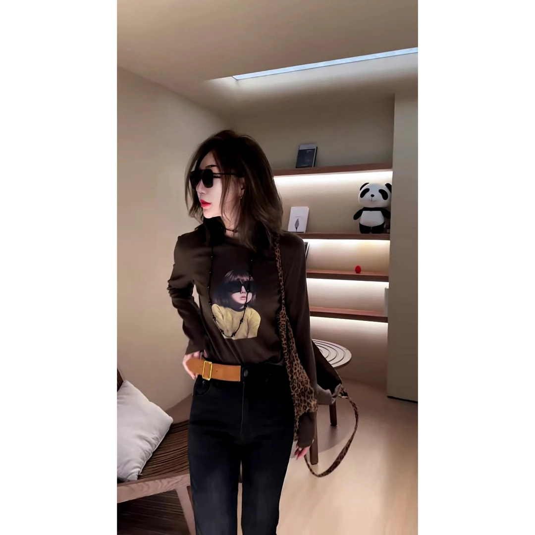 欧货时尚圆领印花眼镜小女孩打底T恤