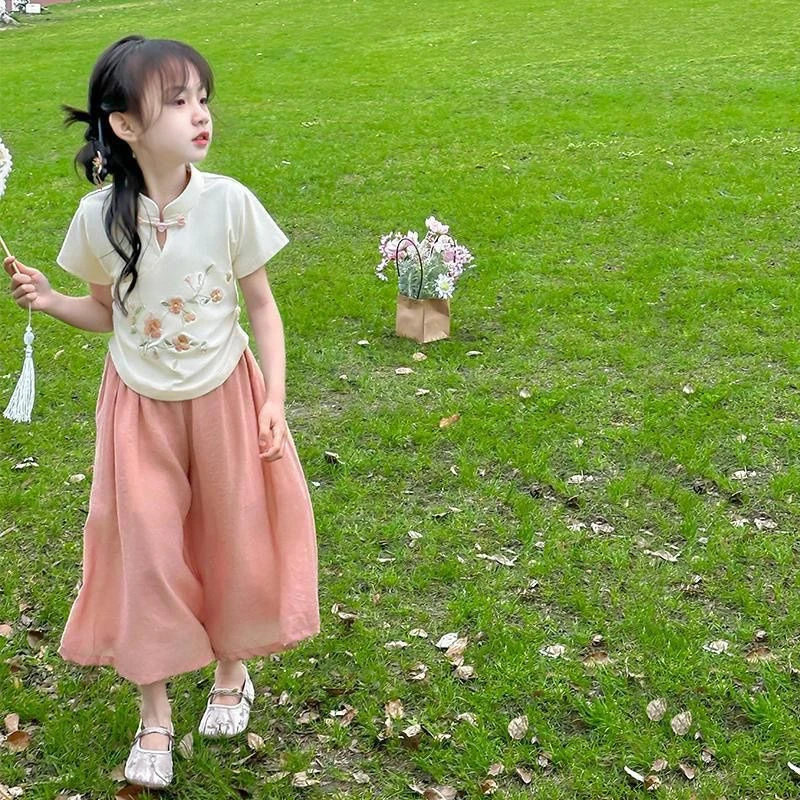 女童夏装新中式套装2025新款国风超仙小清新盘扣短袖阔腿裤两件套
