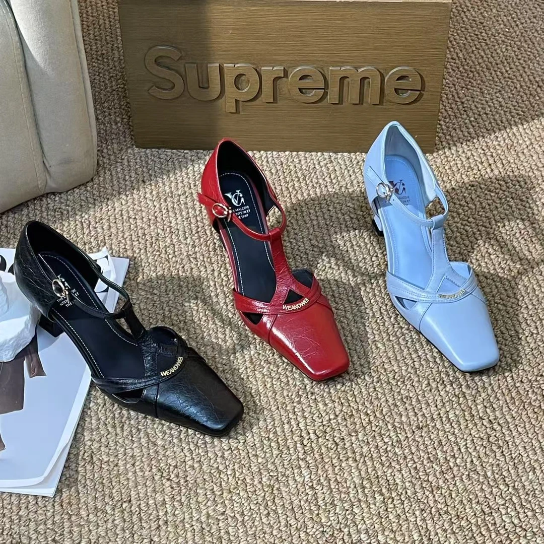 1287【贤洁】欧洲站夏季新款方头真皮气质浅口高跟凉鞋B【6CM】