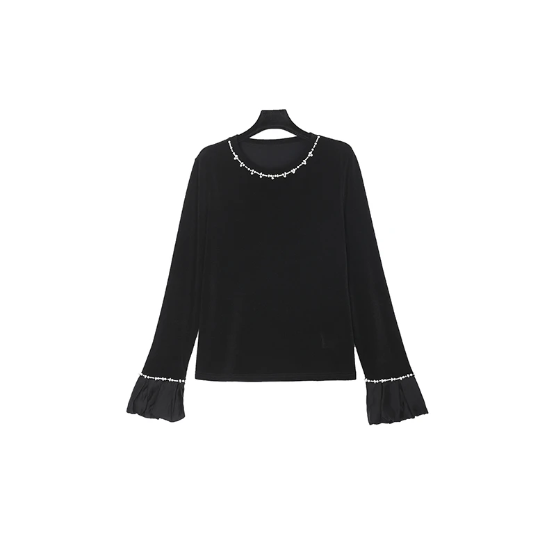 CELLENDI*61精致手工订珠圆领荷叶边袖优雅气质百搭上衣22163长袖