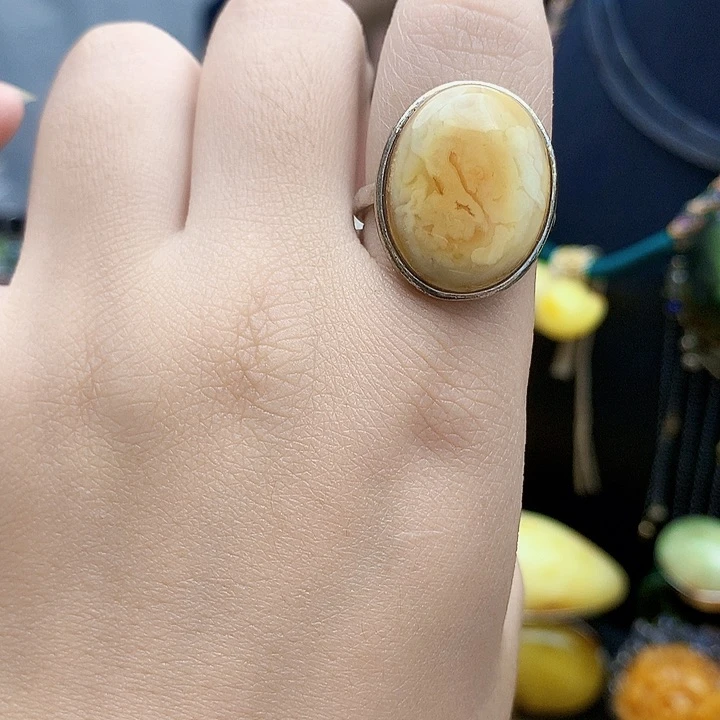 银S925镶嵌琥珀裸石戒指