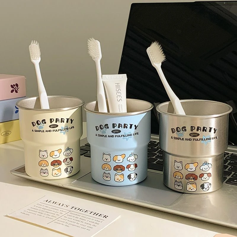 轻奢小狗家族304洗漱高颜值情侣可爱牙刷不锈钢漱口杯家用刷牙LLW