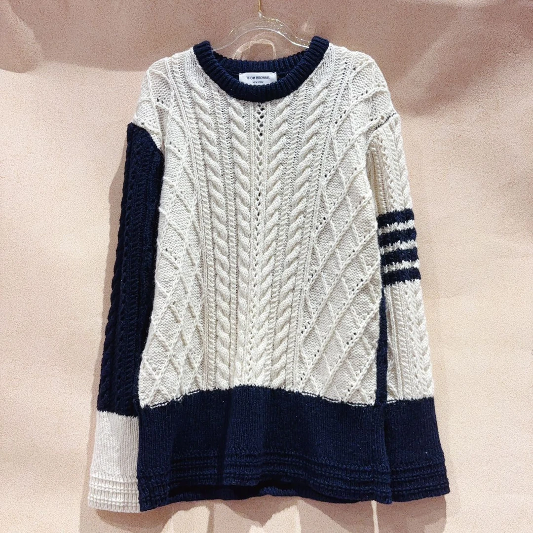 99新 THOMBROWNE 四条23款 杠拼色镂空套头毛衣 男女同款 拼色