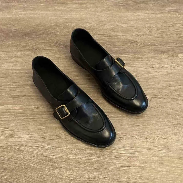 原创手工真皮复古英伦风小皮鞋女百搭皮带扣一脚蹬乐福鞋圆头单鞋