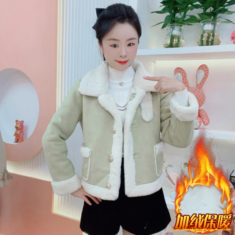 2024年冬季新款时尚设计感短款外套女小个子保暖皮毛一体加绒外套