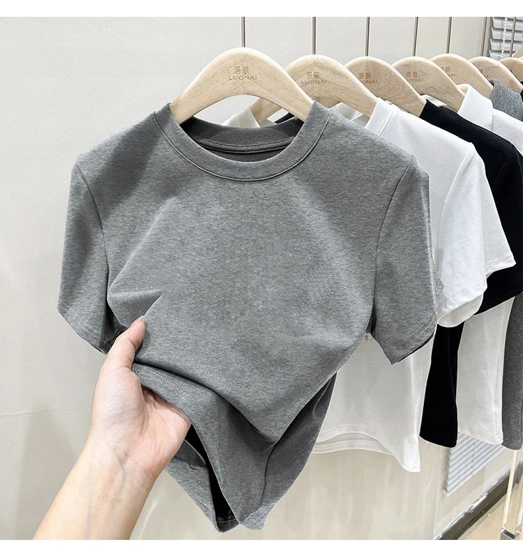 EUJE复古正肩短袖t恤女2025年夏季新款洋气修身短款上衣半袖