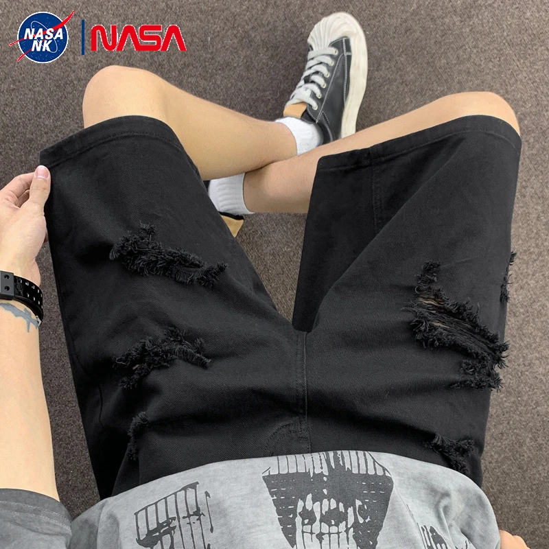 NASA联名美式复古黑色破洞牛仔短裤男夏季潮牌高街五分裤毛边设计