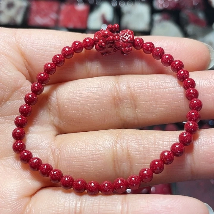 天然辰砂压晶小米珠手链4mm