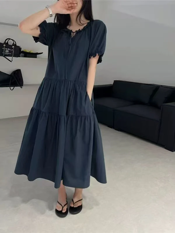 欧货显瘦领着木耳边细带A字型显瘦短袖连衣裙2063