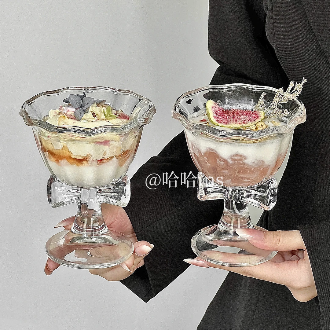 高颜值蝴蝶结高脚杯子冰淇淋果冻杯香槟甜酒鸡尾酒杯咖啡玻璃杯子