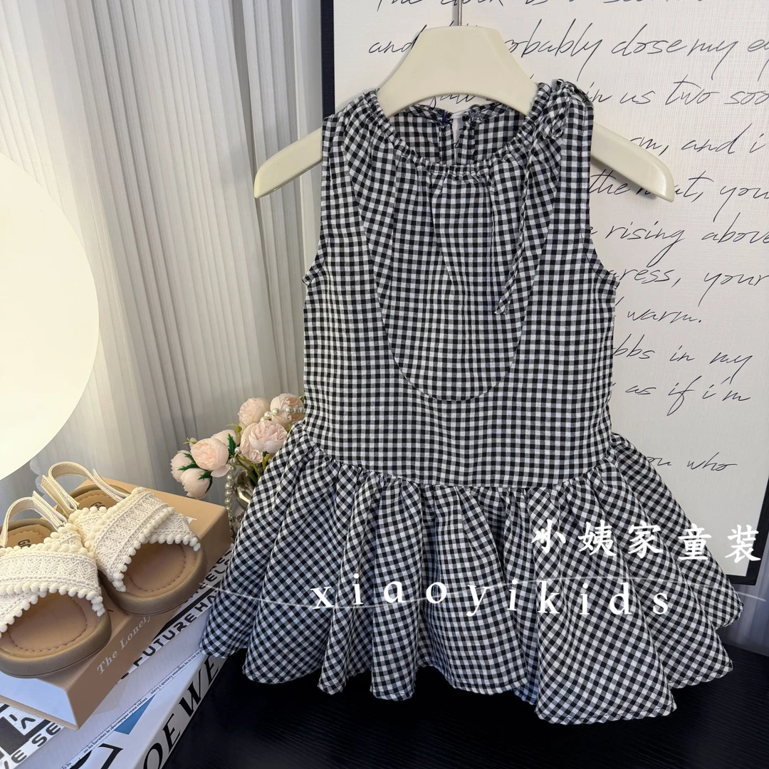 女童连衣裙25夏季新款法式格子复古裙子儿童洋气拼接背心裙连衣裙