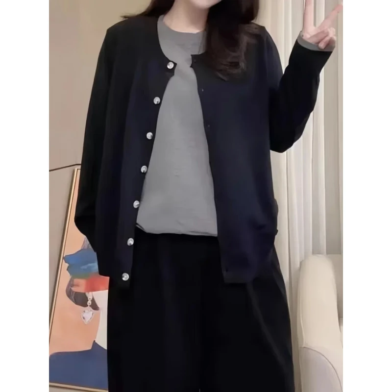 大码胖mm设计感拼色假两件针织开衫女秋装显瘦宽松毛衣高级感上衣