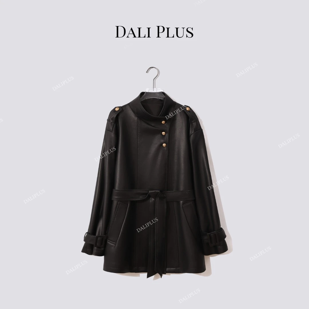 DALI PLUS“JIN口100绵羊皮皮衣”风衣收腰款立领外套-D5MM2882