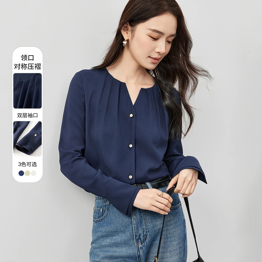 尚都比拉｜【法式优雅衬衫】秋新压褶圆领V口垂感通勤衬衣女