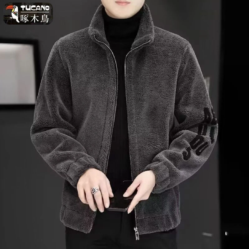 啄木鸟正品男士高端外套秋冬季款加厚仿羊羔绒立领颗粒摇皮毛一体