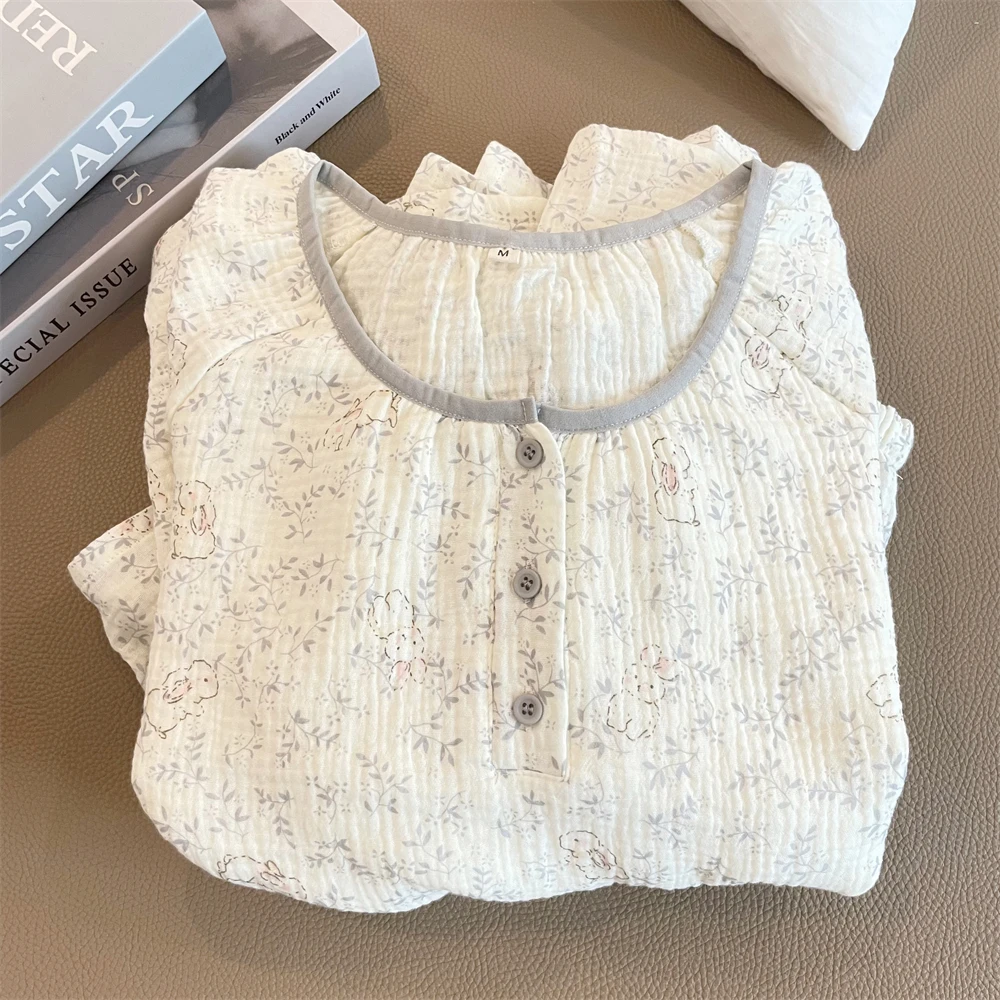 双层纯棉纱布睡衣女春秋新款长袖日系甜美小兔夏季100%全棉家居服