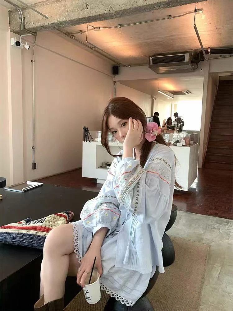 斯米兰花境亚麻棉花朵刺绣娃娃衬衫+a字半裙套装女