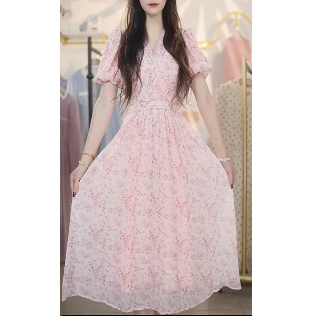 L7236粉色碎花雪纺连衣裙女夏季2025新款收腰显瘦气质中长款a字裙