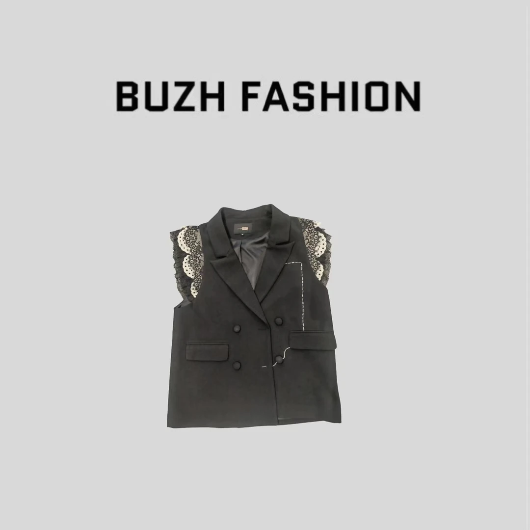 BUZH2025欧洲站大码中长款式蕾丝花边款西服马甲