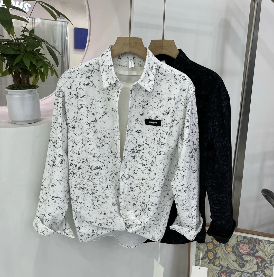 A31春季时尚泼墨满印设计长袖衬衫男2025新款高级感休闲翻领衬衣