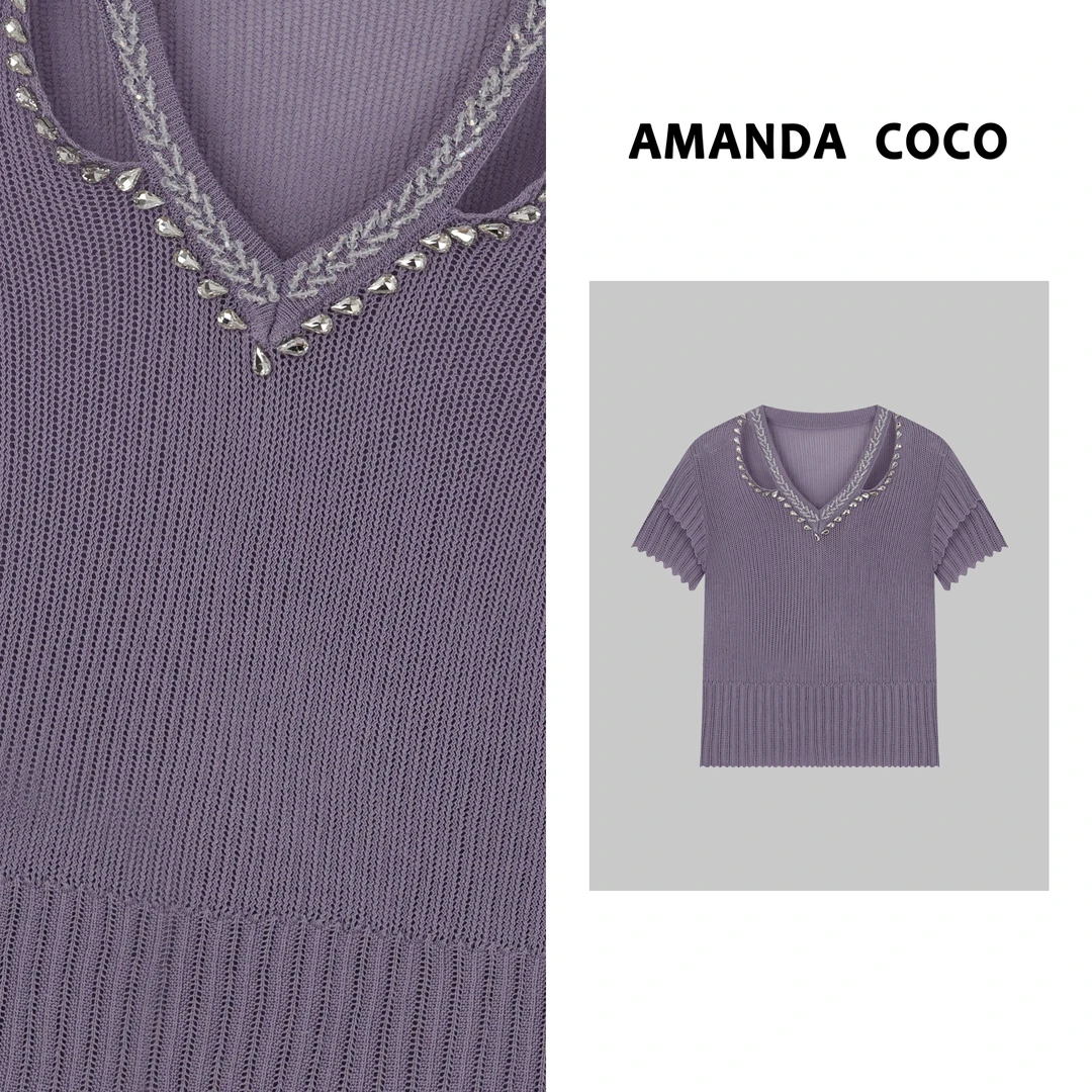 灿灿# 续写优雅～2025夏季串钻设计感露锁骨气质短袖针织上衣