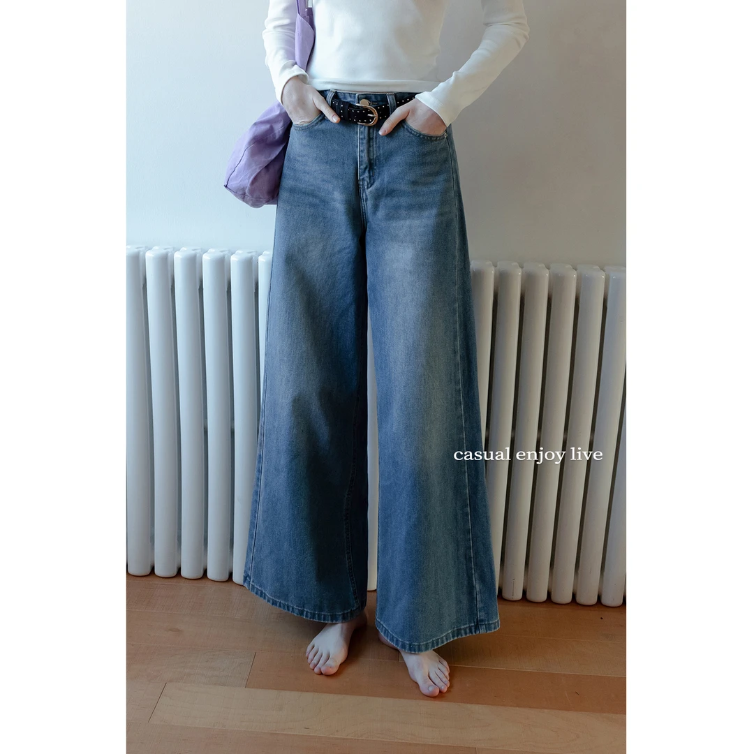 EGGKA “大A裤”百搭A字大阔腿牛仔裤宽松慵懒蓝色长裤E24B1131AF