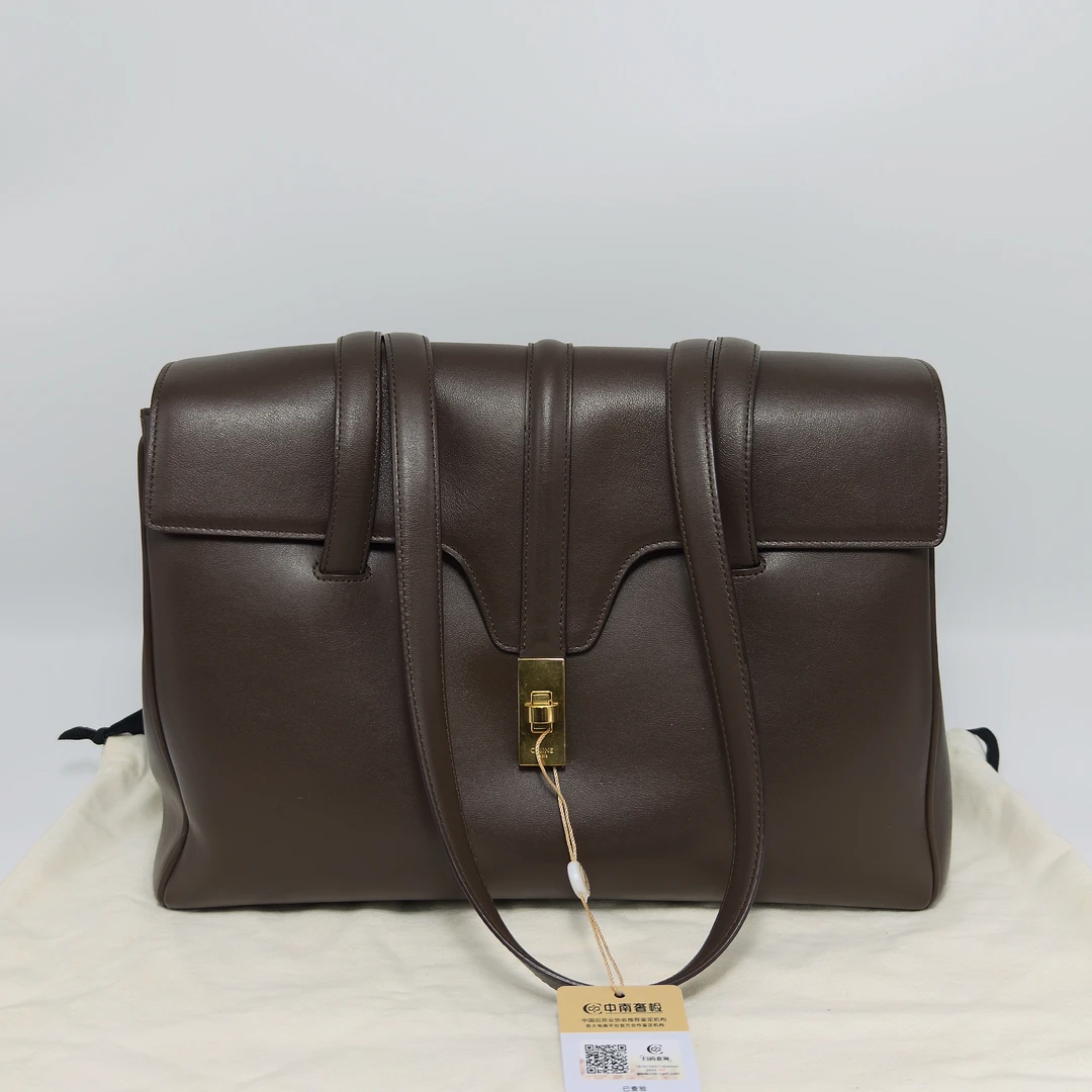 99新 Celine/思琳 栗色金扣softl6中号单肩手提包 40938