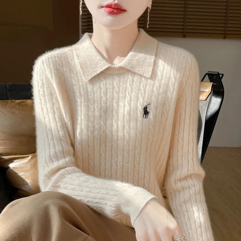 【商场新款】小马家扭花纯羊毛衫女POLO领宽松气质打底衫女D813