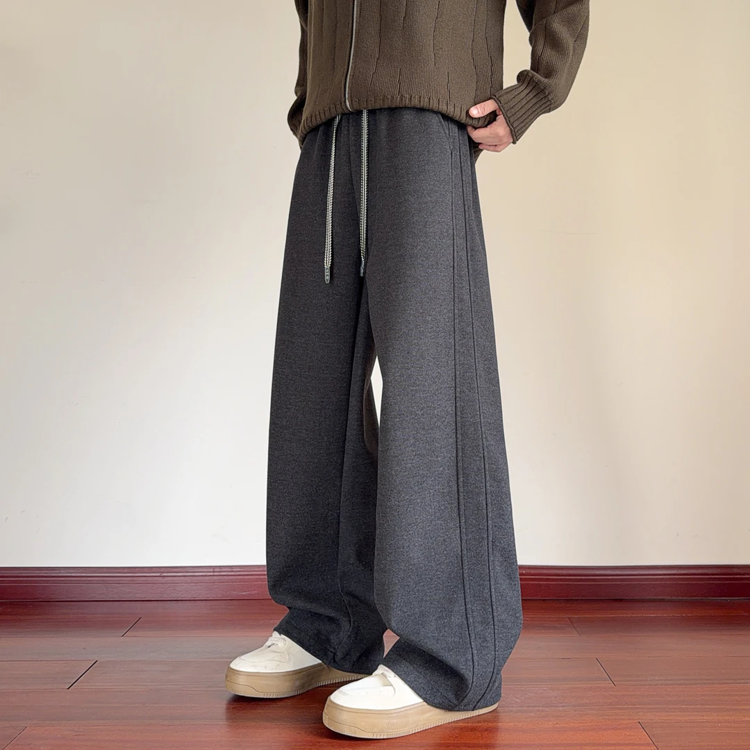 深灰色加绒弯刀卫裤男款冬季加厚防寒保暖阔腿裤子宽松垂感直筒裤