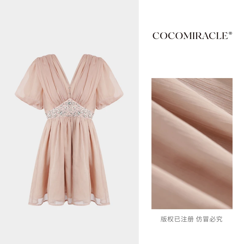 【文文定制】新款短袖重工镶钻收腰连衣裙W53DYQ003