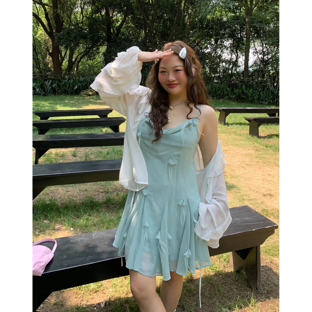 Dazi金大支毛毛拼接薄荷绿吊带连衣裙0103/0266法式小众薄款收腰