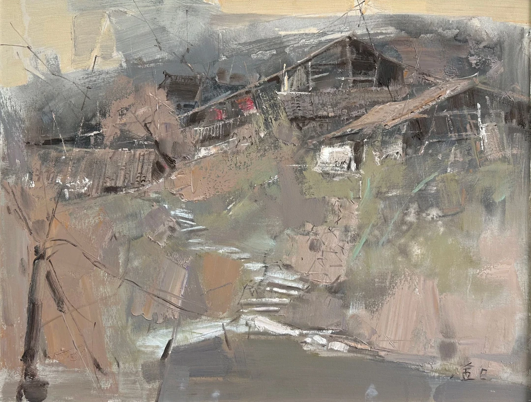 金日油画 原创风景油画收藏《灰调村落》画布纯手绘油画 80-60cm