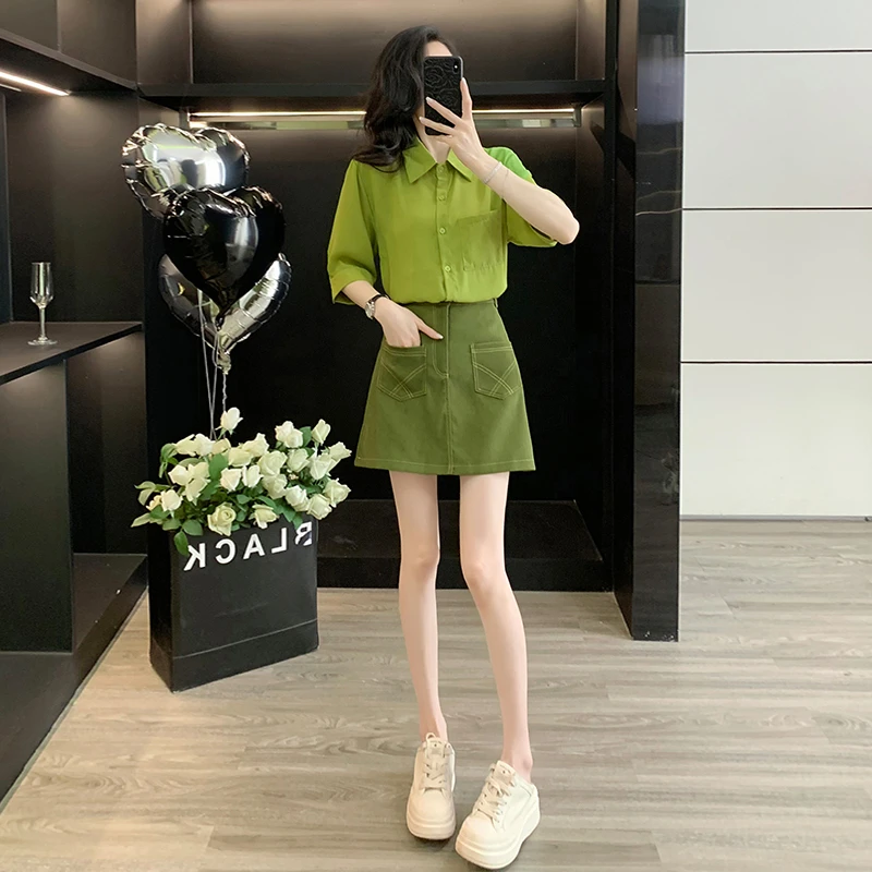 小个子2025夏日清新绿色短袖衬衫上衣高腰牛仔短裙时尚洋气套装女