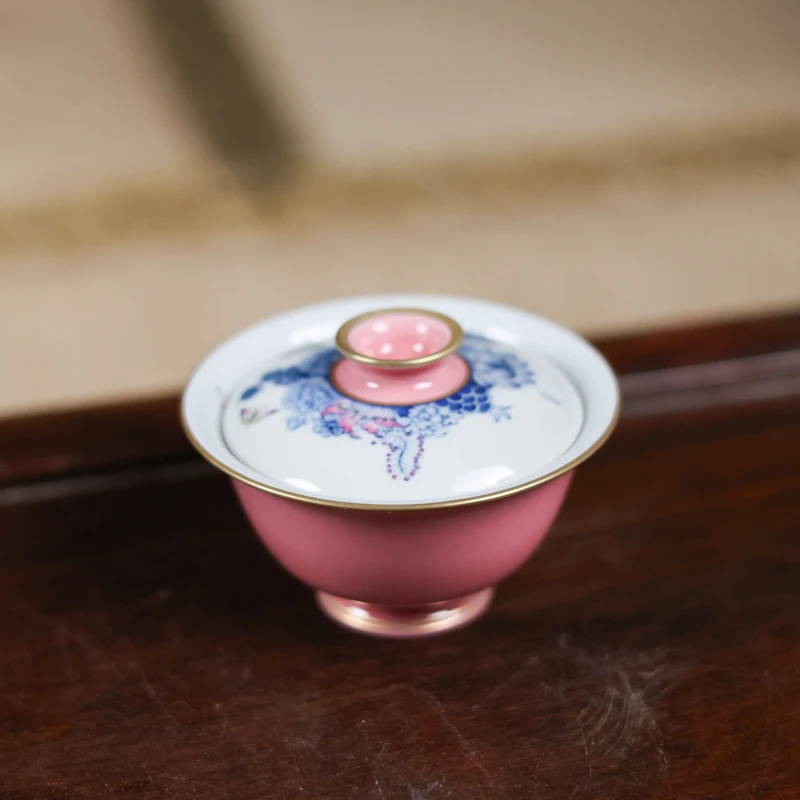 【悦生活】樱粉-华隐堂-蝶恋花盖碗-100ml（华隐S0895）