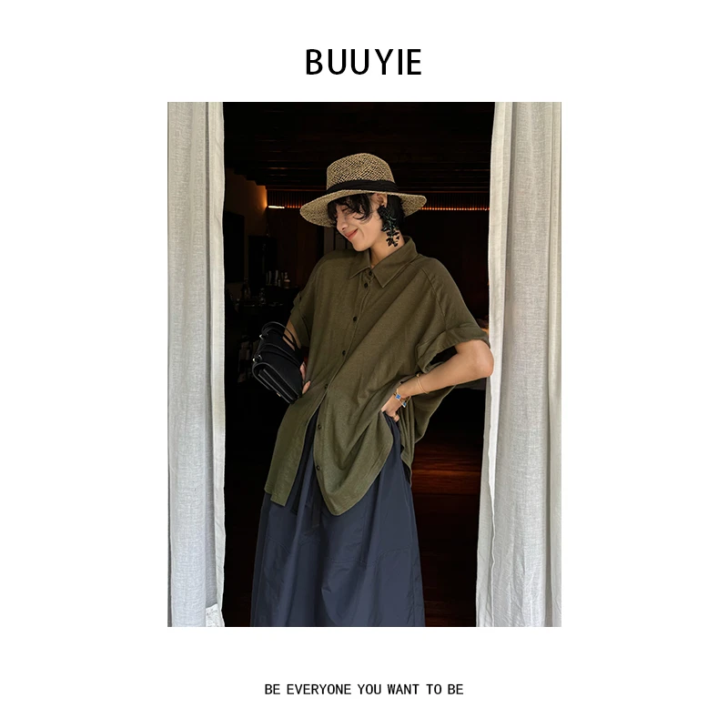 BUUYIE 25SS【素影‌】翻领透气高级质感棉麻短袖T恤 250672