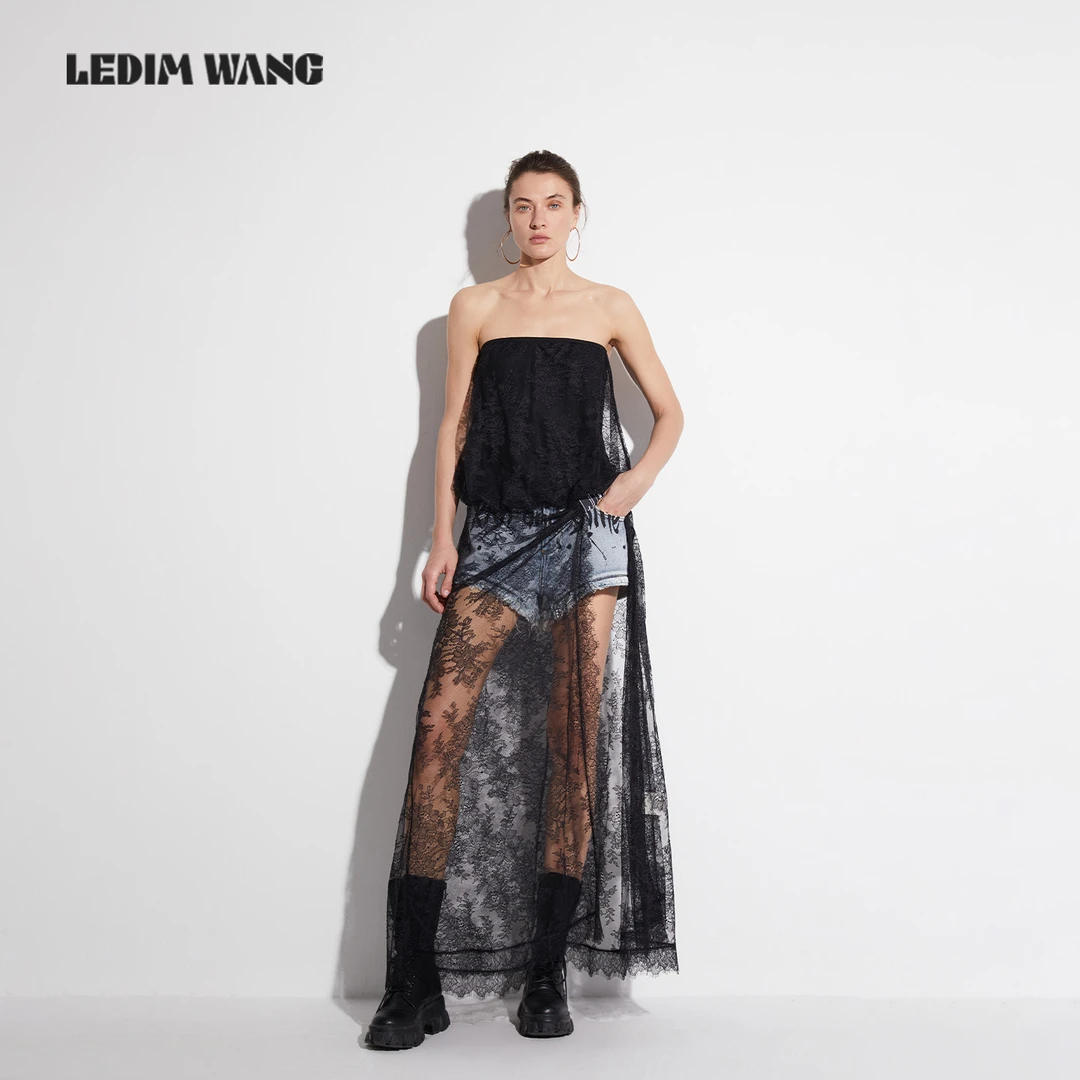 LEDIM WANG抹胸捏褶蕾丝连衣裙