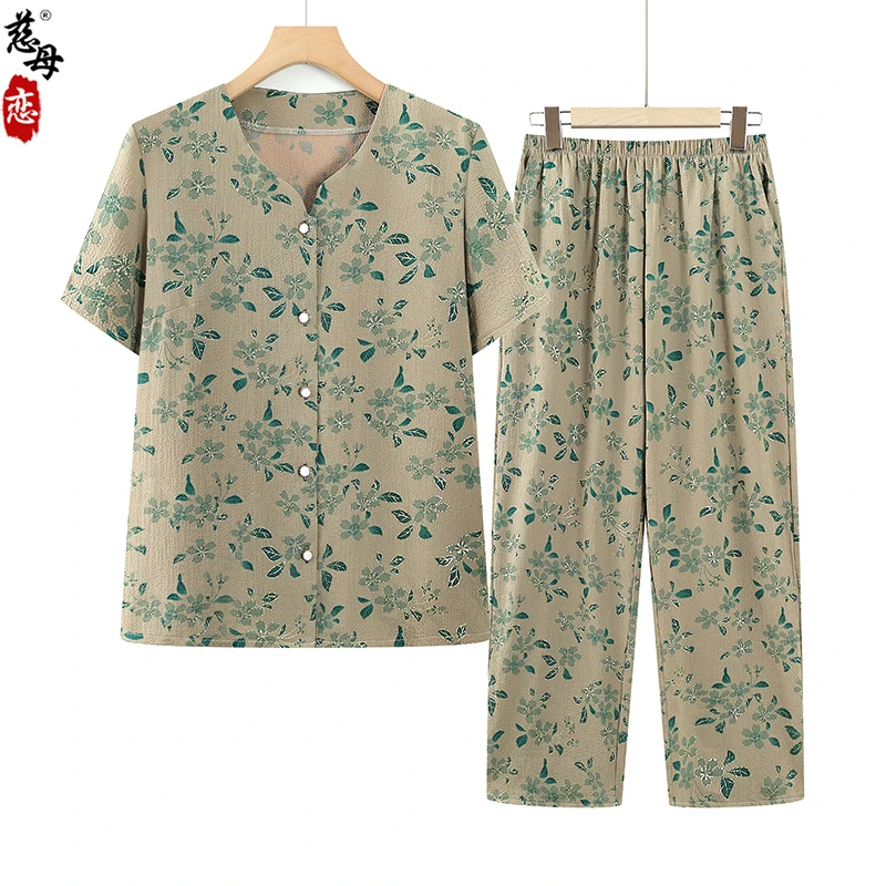 老年人夏装女奶奶衬衫短袖洋气妈妈装夏季薄款衬衣老太太套装衣服