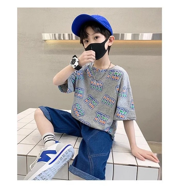 新款男童短袖棉T恤休闲字母印花宽松幼儿恤潮酷百搭宝宝韩夏