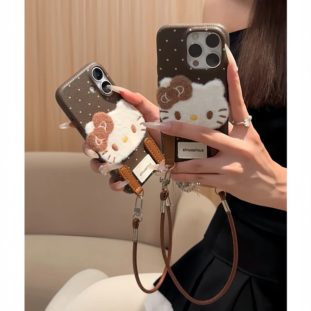雅天立复古棕波点kitty挂绳适用苹果17手机壳iPhone13女15/16秋冬