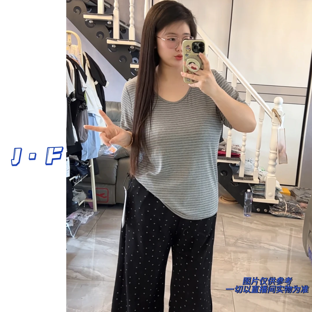 JF定制大码女装HK22夏季薄款螺纹U领弹力纯色条纹面膜打底衫