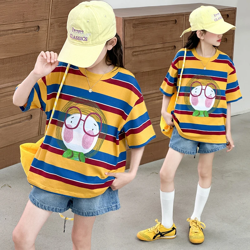 女童短袖t恤夏季2025新款儿童网红时髦条纹宽松短袖牛仔短裤套装